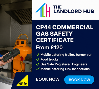 Man in high-visibility vest holding a device next to an orange gas cylinder, with 'The Landlord Hub' advertisement for CP44 Commercial Gas Safety Certificate.