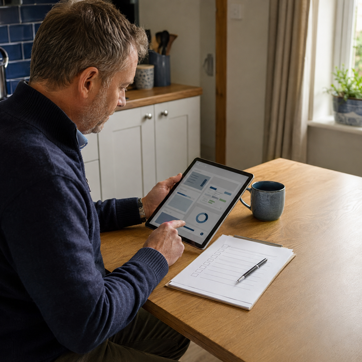 Landlord reviewing digital property compliance records inside a UK rental home