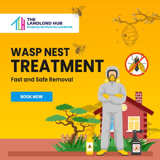 Advertisement for wasp nest treatment services with a person in protective gear on a yellow background.